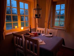 a dining room with a table with glasses of wine at Eismoewe in Nebel