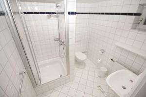 a bathroom with a shower and a toilet and a sink at Eismoewe in Nebel +4 photos