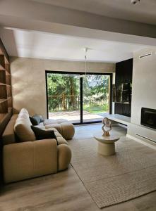 a living room with a couch and a fireplace at PineHills in Mărişel