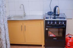 a small kitchen with a sink and a stove at CAM Apartments in Dodoma
