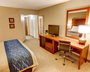 a bedroom with a desk and a bed and a mirror at Comfort Inn Conference Center Pittsburgh Penn Hills in Churchill