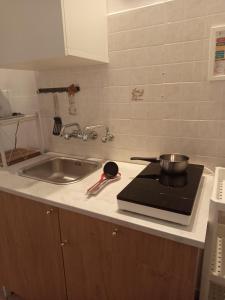 a kitchen counter with a sink and a pot on a stove at Curtigghiu Room in Avola +14 photos