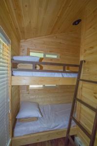 2 lits superposés dans une cabane en bois avec une échelle dans l'établissement Oakzanita Springs Camping Resort Cottage 4, à Descanso