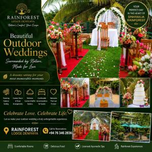 a flyer for a wedding venue with a red and white at Rainforest Lodge, Deniyaya singheraja in Deniyaya