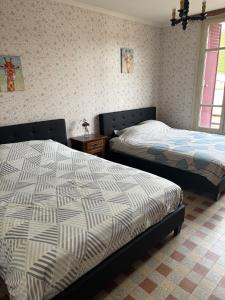 a bedroom with two beds and a window at Longère du Perche in Montigny-le-Chartif