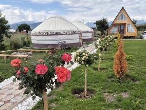 a row of flowers in front of a yurt at Guest House Archa in Tong