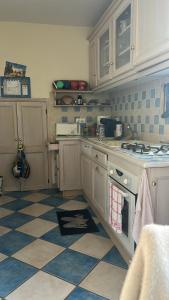 a kitchen with white cabinets and a blue and white tile floor at La maison bleue de Béa in Musigny +11 photos