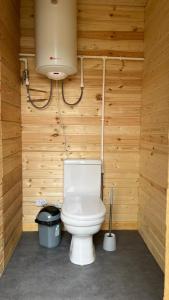 a bathroom with a toilet in a wooden wall at Kel-Suu Manap in Kol-Suu
