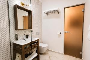 a bathroom with a sink and a toilet and a mirror at The Square Hotel in Cluj-Napoca +22 photos