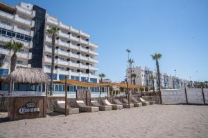 una fila di sedie a sdraio e ombrelloni sulla spiaggia di FAY Victoria Beach a Rincón de la Victoria