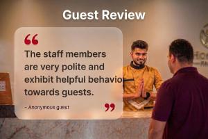 a sign that says the staff members are very polite and exhibit helpful behavior towards guests at Palette by CheckIn Heritage Scindia Ghat in Varanasi