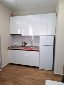 a white kitchen with a sink and a refrigerator at Vila Familjare Vlore in Vlorë