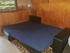 a small room with a blue bed in a room at Kemp pro karavan a stan s chatkou in Veselí nad Moravou