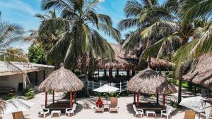 a beach with chairs and umbrellas and palm trees at Marine Beach Hotel in Cartagena de Indias