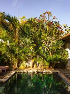 a swimming pool in front of a house with trees at Joglo Villa with Private Pool in Pesanggaran