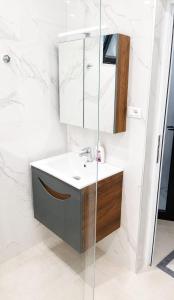 a bathroom with a sink and a mirror at Rajan apartement in Piqeras