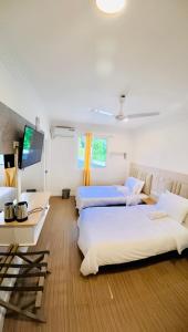 a room with three beds and a desk and a television at VelaaOlhu - Turtle Hive Thulusdhoo in Thulusdhoo