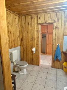 a bathroom with a toilet in a room with wooden walls at Agroturystyka Kociewiak in Szteklin +55 photos
