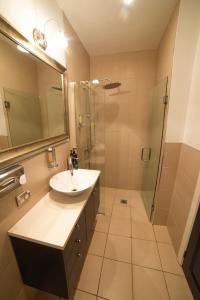 a bathroom with a sink and a shower at Chapel Apartments in Dunedin +8 photos