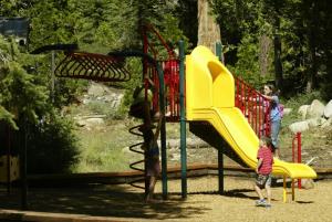 a group of children playing on a playground at Snowflower Camping Resort 12 ft. Yurt 9 in Emigrant Gap