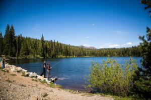 a man and a woman and a dog standing next to a lake at Snowflower Camping Resort 16 ft. Yurt 10 in Emigrant Gap