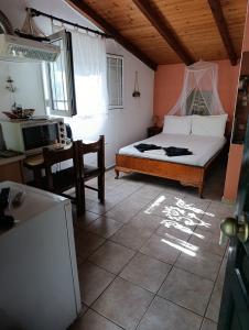 a bedroom with a bed and a table and a kitchen at Casa Natasa in Oziás