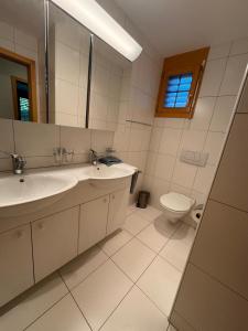 a white bathroom with a sink and a toilet at Tgèsa Staziun in Sedrun