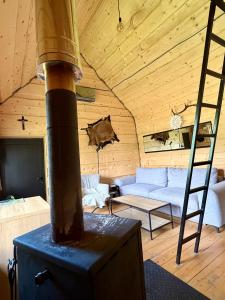 a living room with a fireplace in a wooden ceiling at Stodoła in Nieledwia