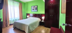 a green bedroom with a bed and a window at Hotel Carlos V in Granada