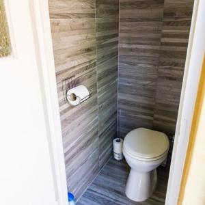 a bathroom with a toilet and a wooden wall at Vár-Lak Nagymaros in Nagymaros +4 photos