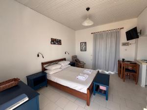a bedroom with a bed and a table and a desk at Explorer's Rest in Argassi
