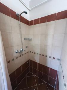 a bathroom with a shower with brown and white tiles at Vank Apartman Barcs in Barcs
