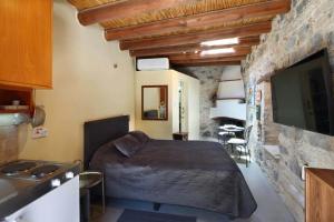 a bedroom with a bed in a room with a stone wall at Eleni's Cottage in Apsiou