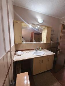 a bathroom with a sink and a large mirror at Vank Apartman Barcs in Barcs