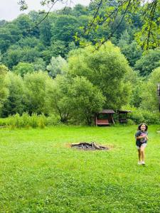 a woman standing in a field with a frisbee at Sătucul de Vacanță Brăduleț in Uleni