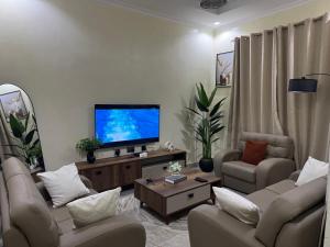 a living room with two couches and a flat screen tv at Aiden House Arusha in Arusha