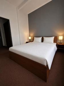 a bedroom with a large white bed with two lamps at Hotel Bellevue in Doksy