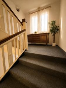 a hallway with stairs and a window with a potted plant at Hotel Bellevue in Doksy