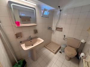 a small bathroom with a toilet and a sink at Explorer's Rest in Argassi +100 photos