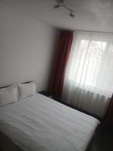 a bedroom with a white bed and a window at APARTAMENt ULTRACENTRAL in Tulcea