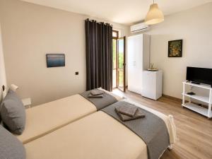 a bedroom with a large bed and a television at Нашата къща in Sinemorets