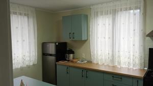 a kitchen with a refrigerator and two windows with curtains at Matei tiny house in Grinţieşu Mic