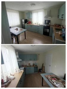 two pictures of a kitchen with blue cabinets at Matei tiny house in Grinţieşu Mic +8 photos