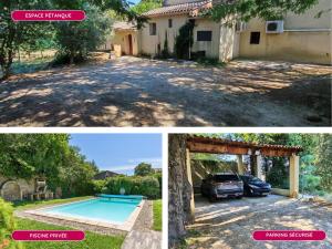 a collage of two pictures of a house and a swimming pool at Mas provençal - Idéal familles & amis - Piscine privée - 3 suites - Avignon & Châteauneuf-du-Pape - Parking privé gratuit in Bédarrides