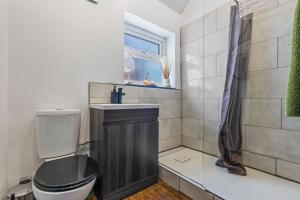 a bathroom with a toilet and a sink and a window at Group-Friendly, Sheffield Flat, sleeps 6 in Walkly