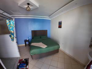 a bedroom with a green bed and blue walls at JC ITEN Guest House in Iten