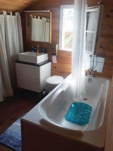 a bathroom with a tub and a toilet and a sink at La charmante Capbretonnaise in Capbreton +26 photos