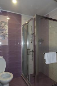 a bathroom with a shower and a toilet at Golden Sea View Penthouse in Pomorie +33 photos