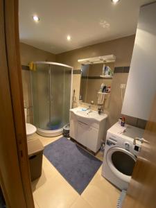 a bathroom with a shower and a toilet and a sink at Eva in Pržno +10 photos