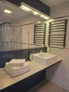 a bathroom with a white sink and a mirror at Apartament Bormio MarsMed in Biała Woda